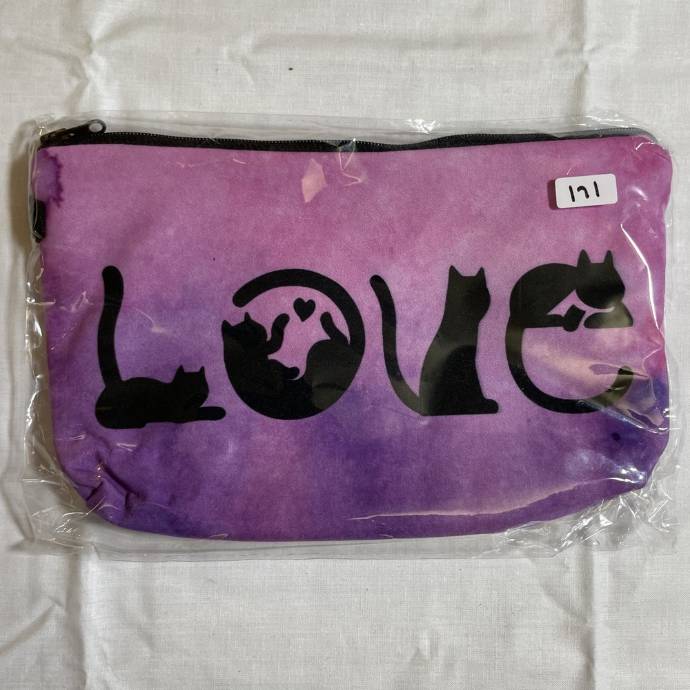 The Pouch Cat Love Cosmetic Bag Womens OS Purple Pink NWT Watercolor Ombre Zip
